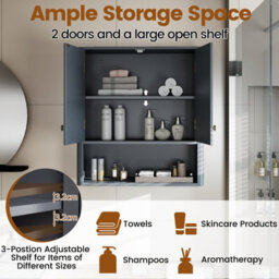 Costway Fluted Bathroom Wall Cabinet 2-Door Medicine Cabinet-Grey - thumbnail 7
