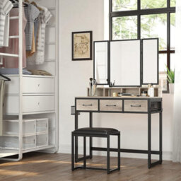 Dressing Table With Folding Mirror, 3 Pieces Set, Makeup Table With Padded Stool, 3 Drawers, Greige And Black