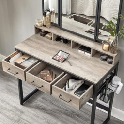 Songmics Dressing Table With Folding Mirror, 3 Pieces Set, Makeup Table With Padded Stool, 3 Drawers, Greige And Black - thumbnail 4