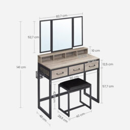 Songmics Dressing Table With Folding Mirror, 3 Pieces Set, Makeup Table With Padded Stool, 3 Drawers, Greige And Black - thumbnail 2