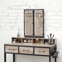 Songmics Dressing Table With Folding Mirror, 3 Pieces Set, Makeup Table With Padded Stool, 3 Drawers, Greige And Black - thumbnail 3