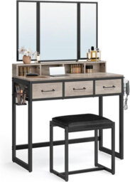 Songmics Dressing Table With Folding Mirror, 3 Pieces Set, Makeup Table With Padded Stool, 3 Drawers, Greige And Black - thumbnail 8