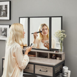 Songmics Dressing Table With Folding Mirror, 3 Pieces Set, Makeup Table With Padded Stool, 3 Drawers, Greige And Black - thumbnail 6