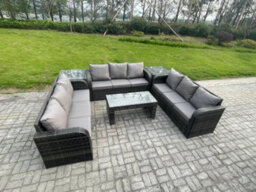 Fimous 9 Seater Outdoor Lounge Sofa Set Rattan Garden Furniture Set With Rectangular Coffee Table 2 Side Tables 3 Seater Sofa - thumbnail 2