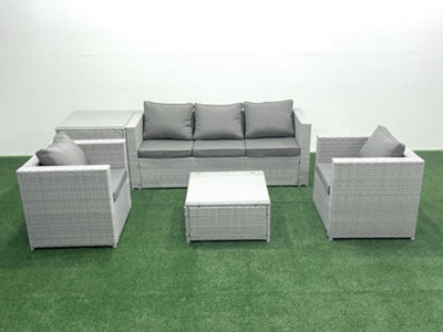 Fimous 5 Seater Rattan Garden Furniture Set 3 Seater Sofa 2 Chair Square Coffee Table Side Table Light Grey - image 1
