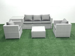 Fimous 5 Seater Rattan Garden Furniture Set 3 Seater Sofa 2 Chair Square Coffee Table Side Table Light Grey - thumbnail 2