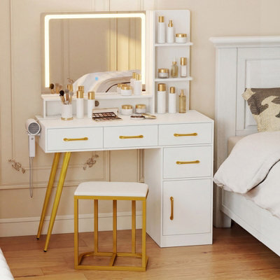 Costway Vanity Desk With Stool Makeup Dressing Table Set With Led Mirror-White - image 1