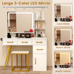 Costway Vanity Desk With Stool Makeup Dressing Table Set With Led Mirror-White - thumbnail 6