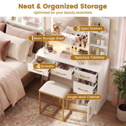 Costway Vanity Desk With Stool Makeup Dressing Table Set With Led Mirror-White - thumbnail 9
