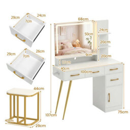 Costway Vanity Desk With Stool Makeup Dressing Table Set With Led Mirror-White - thumbnail 3