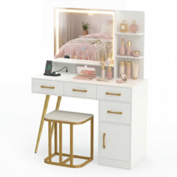 Costway Vanity Desk With Stool Makeup Dressing Table Set With Led Mirror-White - thumbnail 2