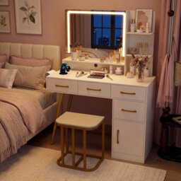 Costway Vanity Desk With Stool Makeup Dressing Table Set With Led Mirror-White - thumbnail 4