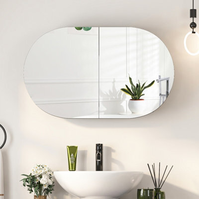 Keepreaper Sleek Oval Bathroom Mirror Cabinet With Storage And 2 Butterfly Doors 66X40 Black Wall Mounted - image 1