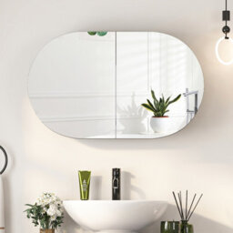 Keepreaper Sleek Oval Bathroom Mirror Cabinet With Storage And 2 Butterfly Doors 66X40 Black Wall Mounted
