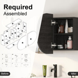 Keepreaper Sleek Oval Bathroom Mirror Cabinet With Storage And 2 Butterfly Doors 66X40 Black Wall Mounted - thumbnail 5
