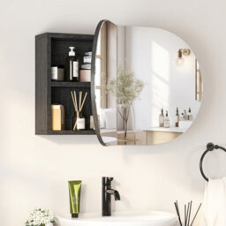 Keepreaper Sleek Oval Bathroom Mirror Cabinet With Storage And 2 Butterfly Doors 66X40 Black Wall Mounted - thumbnail 2