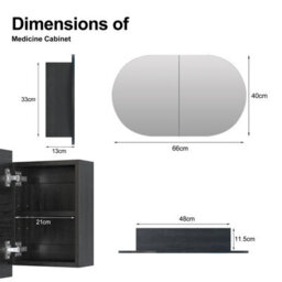 Keepreaper Sleek Oval Bathroom Mirror Cabinet With Storage And 2 Butterfly Doors 66X40 Black Wall Mounted - thumbnail 3