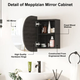 Keepreaper Sleek Oval Bathroom Mirror Cabinet With Storage And 2 Butterfly Doors 66X40 Black Wall Mounted - thumbnail 7
