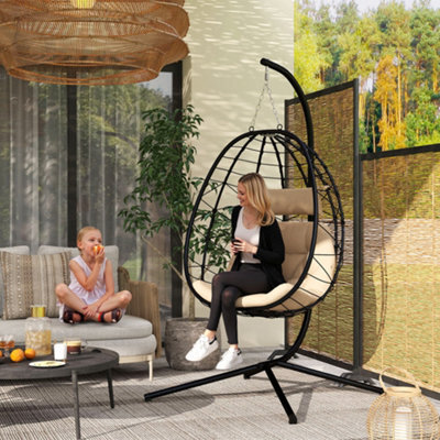 Outsunny Garden Egg Chair Outdoor Hanging Swing Chair, Folding Basket, Khaki - image 1