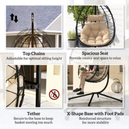 Outsunny Garden Egg Chair Outdoor Hanging Swing Chair, Folding Basket, Khaki - thumbnail 7