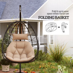 Outsunny Garden Egg Chair Outdoor Hanging Swing Chair, Folding Basket, Khaki - thumbnail 5