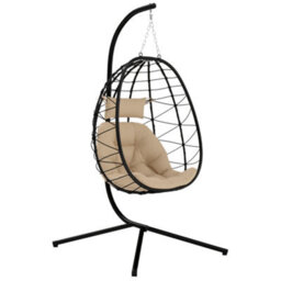 Outsunny Garden Egg Chair Outdoor Hanging Swing Chair, Folding Basket, Khaki - thumbnail 2
