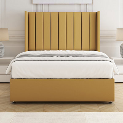 Bsspoke Hannah Divan Bed Set Mustard Plush Velvet 54Inch Wingedback Panel Headboard & Mattress No Drawers In 3Ft 4Ft 4Ft6 5Ft 6Ft - image 1