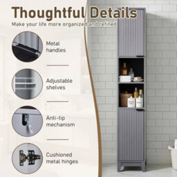 Tall Bathroom Storage Cabinet With 2 Doors Open Shelves Grey Modern Furniture - thumbnail 3