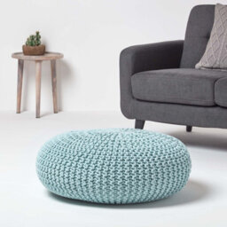 Homescapes Pastel Blue Large Round Cotton Knitted Pouffe Footstool - thumbnail 2