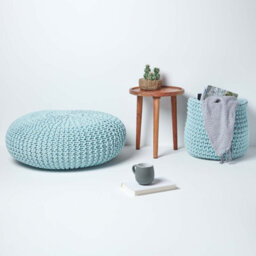Homescapes Pastel Blue Large Round Cotton Knitted Pouffe Footstool - thumbnail 6