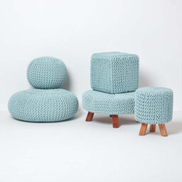 Homescapes Pastel Blue Large Round Cotton Knitted Pouffe Footstool - thumbnail 5