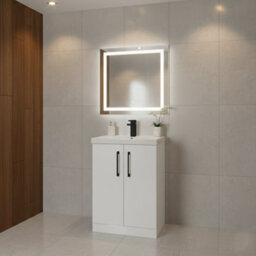 Balterley Bramshall Modern Bathroom Floor Standing 2 Soft Close Door & Mid-Edge Vanity Unit Basin, Gloss White, 610mm - thumbnail 2