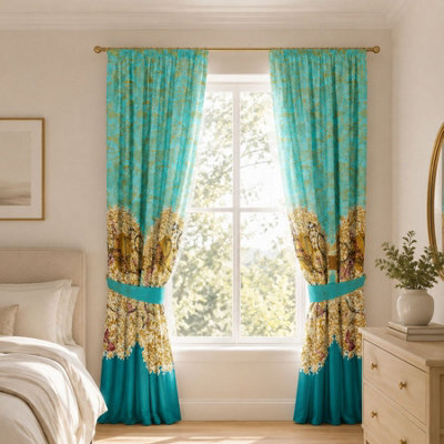 "Smart Living Oooh La La Curtains Pair With Tie Backs - Eiffel Tower Print- Teal - 66""x72""" - image 1