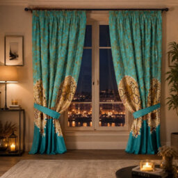 "Smart Living Oooh La La Curtains Pair With Tie Backs - Eiffel Tower Print- Teal - 66""x72""" - thumbnail 2