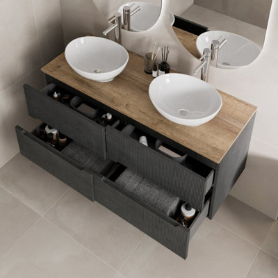 Affine 1200mm Black Oak Vanity Unit Double Oval White Basin Wall Hung Fluted Soft Close - image 1