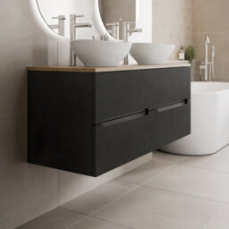 Affine 1200mm Black Oak Vanity Unit Double Oval White Basin Wall Hung Fluted Soft Close - thumbnail 3