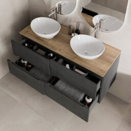 Affine 1200mm Black Oak Vanity Unit Double Oval White Basin Wall Hung Fluted Soft Close - thumbnail 1