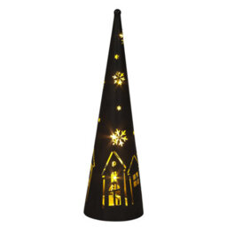 Snowtime Led Metal Cone Light Black Christmas Decoration With Winter Village & Stars