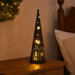 Snowtime Led Metal Cone Light Black Christmas Decoration With Winter Village & Stars - thumbnail 7