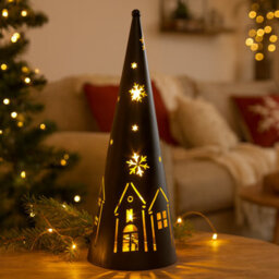 Snowtime Led Metal Cone Light Black Christmas Decoration With Winter Village & Stars - thumbnail 2