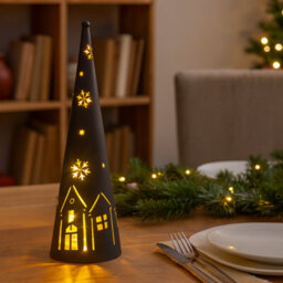 Snowtime Led Metal Cone Light Black Christmas Decoration With Winter Village & Stars - thumbnail 5