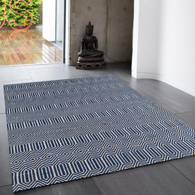 Blue Geometric Handmade Modern Wool Easy To Clean Rug Dining Room Bedroom And Living Room-120Cm X 170Cm - image 1