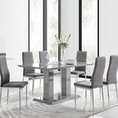 Furniturebox Uk Imperia 6 Grey Dining Table And 6 Grey Velvet Milan Chairs - image 1