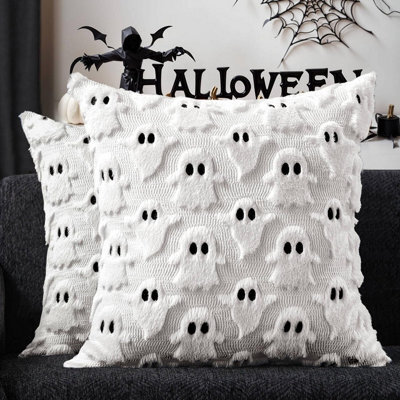 2Pcs Halloween Ghost White Throw Pillow Cover, 18 X 18 Inch Soft Plush Faux Fur Jacquard Spooky Cushion Case Decoration For Sofa - image 1
