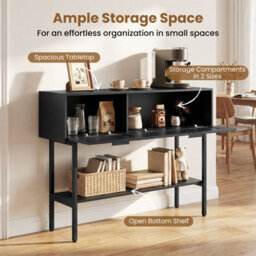 Costway Rattan Console Table Boho Entryway Table With Flip Doors & Open Storage Shelf-Black - thumbnail 9