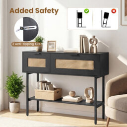 Costway Rattan Console Table Boho Entryway Table With Flip Doors & Open Storage Shelf-Black - thumbnail 6