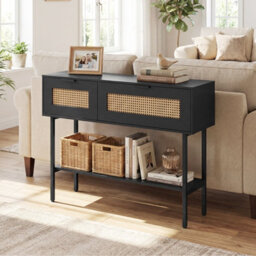 Costway Rattan Console Table Boho Entryway Table With Flip Doors & Open Storage Shelf-Black - thumbnail 5