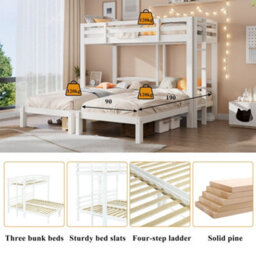Merax 3Ft Triple Sleeper Bunk Bed 90 X 190 Cm, Wooden Kids Bed With Side Ladder, High Guardrails And Storage, White - thumbnail 5