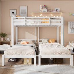 Merax 3Ft Triple Sleeper Bunk Bed 90 X 190 Cm, Wooden Kids Bed With Side Ladder, High Guardrails And Storage, White - thumbnail 2
