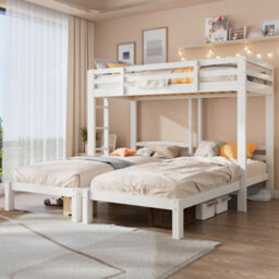 Merax 3Ft Triple Sleeper Bunk Bed 90 X 190 Cm, Wooden Kids Bed With Side Ladder, High Guardrails And Storage, White - thumbnail 1
